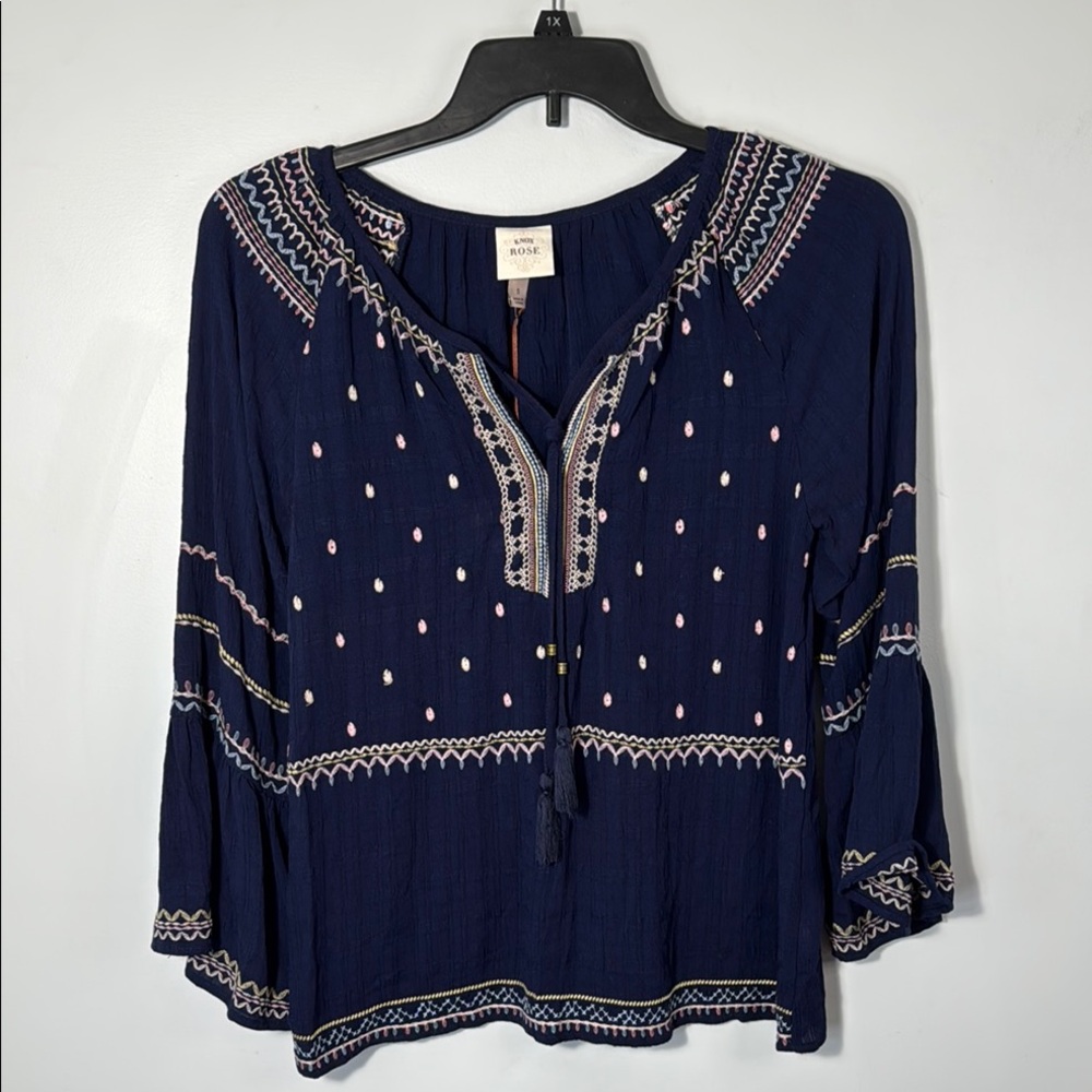Knox Rose Navy and Pink Embroidered Blouse